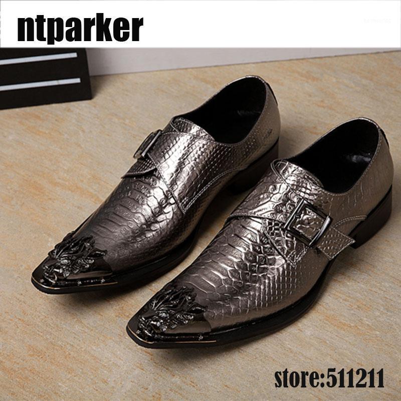 

2020 New Designer's Men Dress Shoes Iron Pointed Toe Genuine Leather Shoes Men Snakeskin Pattern Buckles Party and Wedding1, Dark grey