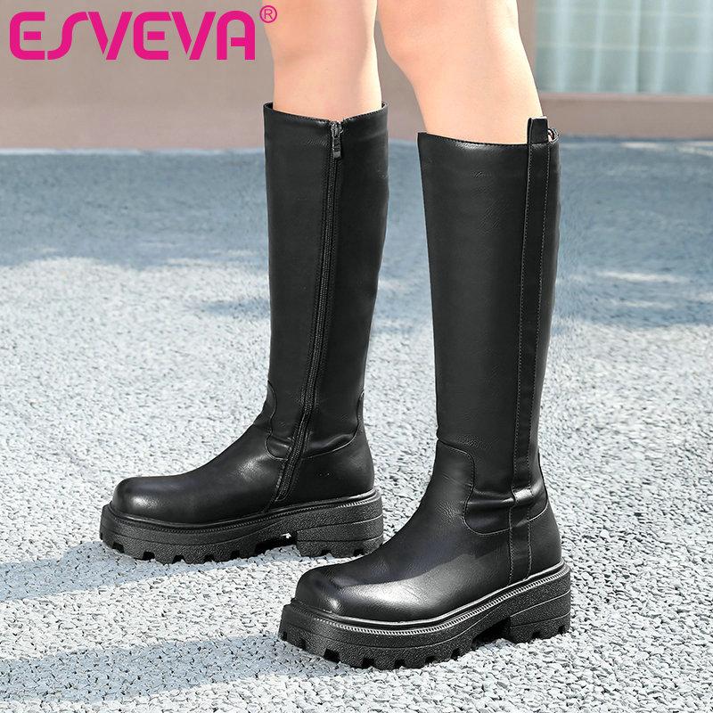 

ESVEVA 2021 Elegant Zipper Square Med Heel PU Leather Knee High Boots Platform Round Toe Black Women Boots Shoes Size 34-43