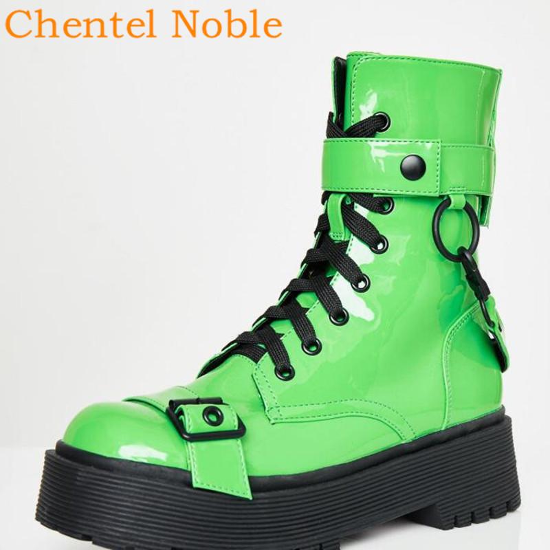 

Brand Chentel Patent Leather Fluorescent Green Thick Bottom Shoes Women's Cool Knight Boots Zapatos De Mujer Lace-Up Zip Ladies, As picture