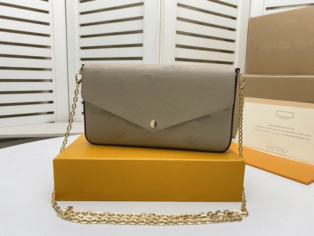 

M69977 FELICIE POCHETTE canvas print motif stylish envelope-style pouch features removable inside pockets lady chain shoulder bag clutch bag, Black