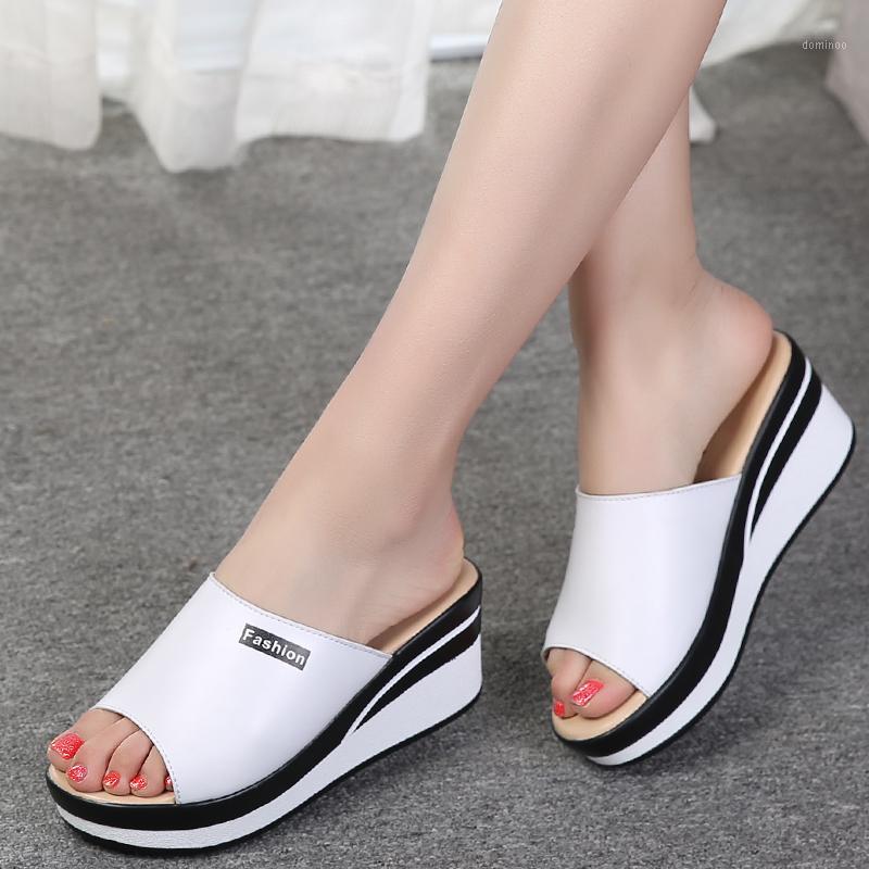 

2020 Summer women slippers genuine leather open toe middle heel shoes women wedges slippers black white slides sandals 9681, Black 968