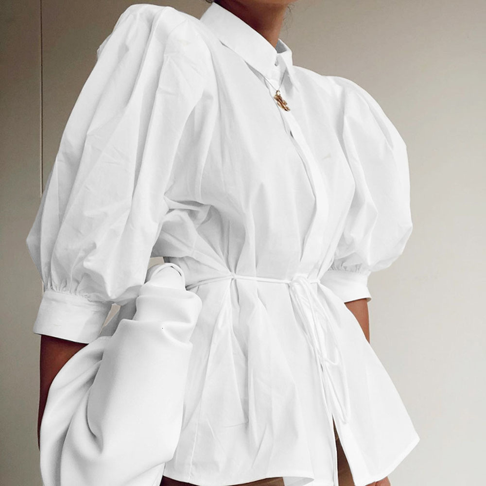 

2021 New England Style Blouse Spring Autumn Fashion Popular Thin Draw Simple Designer Best Lapel Lace Lantern Sleeve N0PM, White