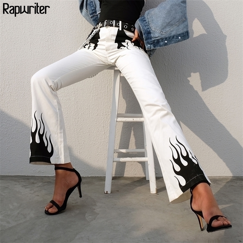 

Rapwriter Casual Panelled Flame Print High Waist Long Flare White Pant Women Bottoms Harajuku Slim Fitness Fire Trousers Pocket 201228