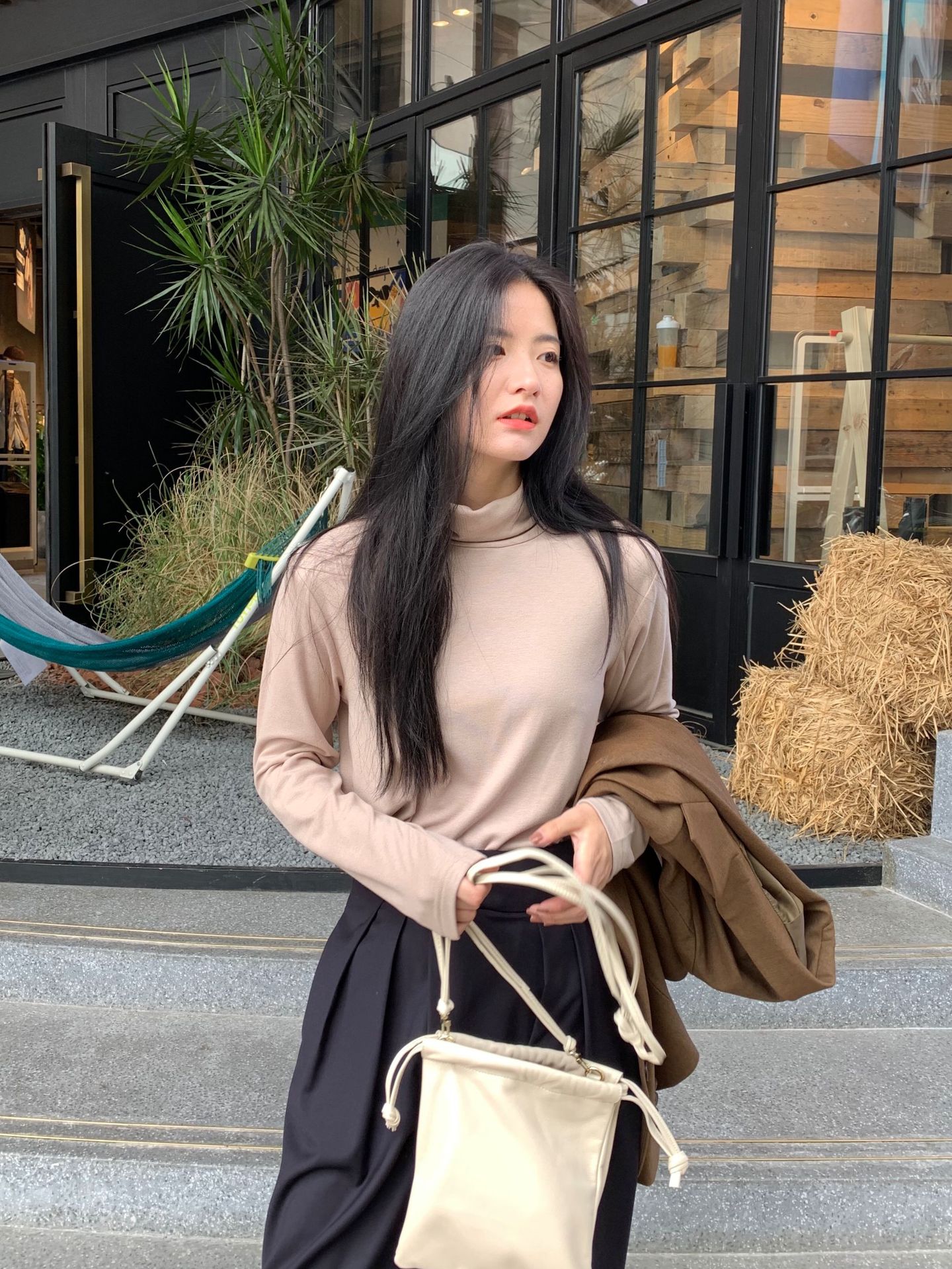 

Solid color overlay thick versatile turtleneck base blouse for women with mottled bodice stacked collared long sleeve T shirt top 3264, White