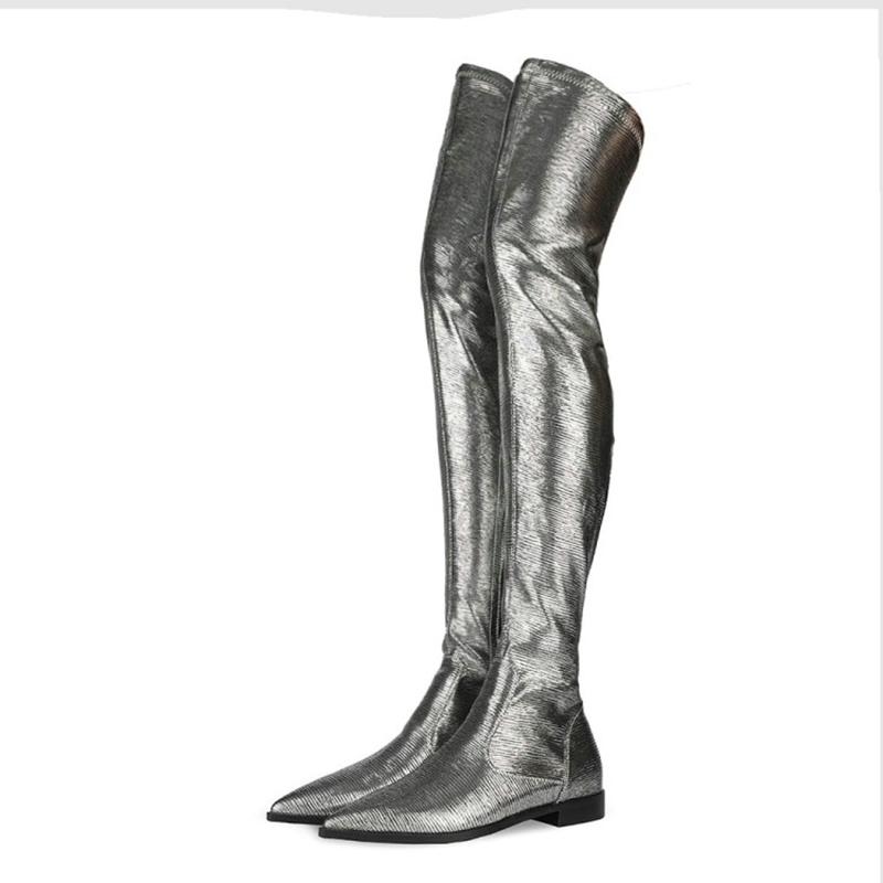 

New Women Shoes Boots Long Boots Pointed Toe Over the Knee Big Size 34-45 Low Heel Silver