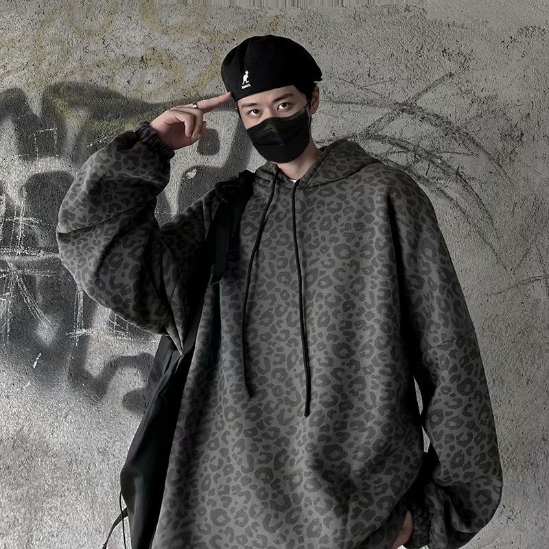 

2021 Sweater with Male a Hoodie, Dark Leopard Print Korean Style Retro Plied Pretty Loose and Lazy Personality Style, Trend, Fash Tnrt, Red