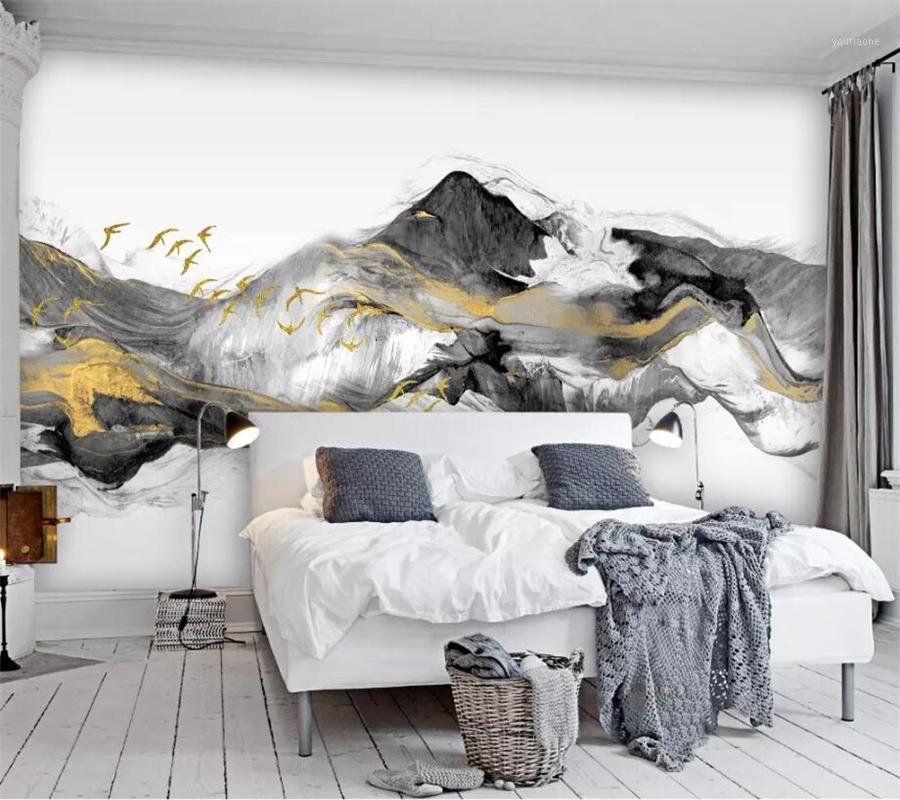

mural papel de parede Custom wallpaper 3d Photo Murals Bird New Chinese Abstract Golden Ink landscape TV backdrop wall paper1, As pic