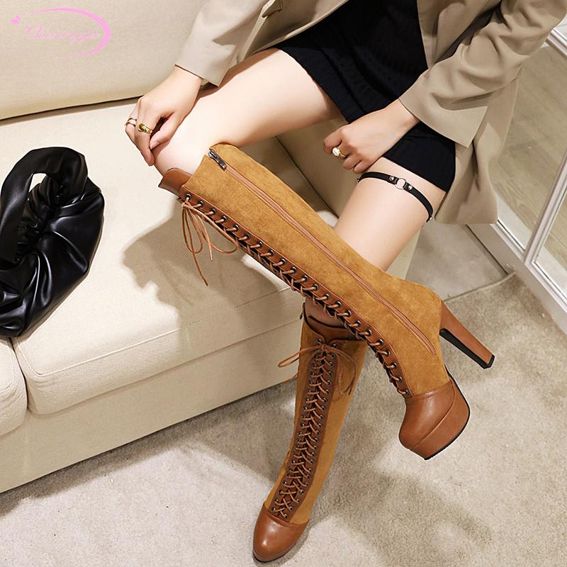 

Cosplay style round toe flock knee-high fashion lace-up zipper platform super high-heeled chunky riding boots women's shoes, Black