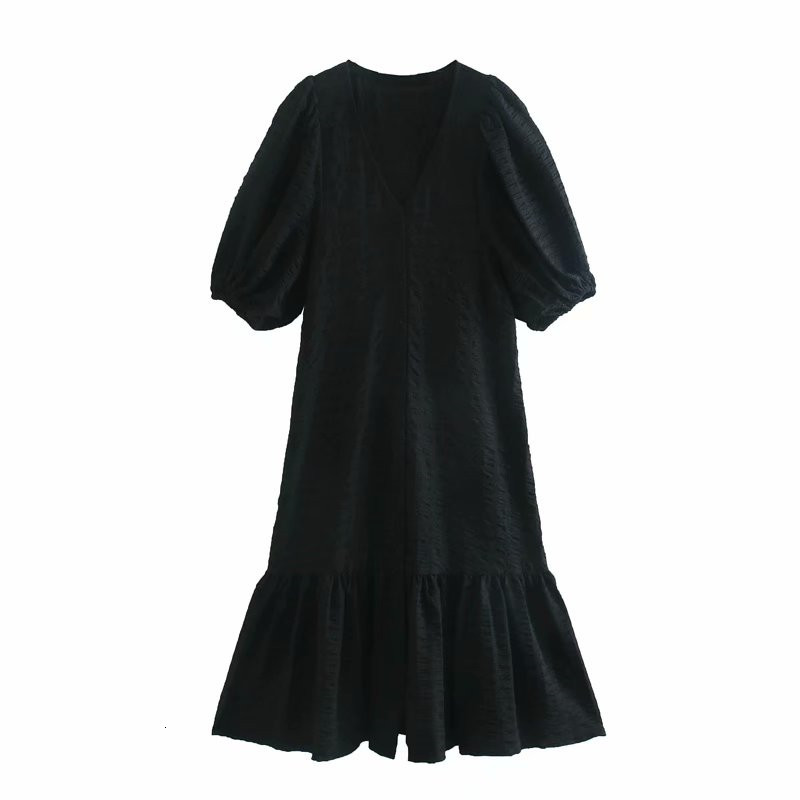 

2021 New Elegante Slido Preto Moda Senhoras Lanterna Manga Vestidos Chique Feminino Doce Boto Retalhos Vestido Longo Qfiu, Black