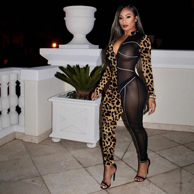 

Women' Sexy Long Sleeve Zipper Front Leopard Patchwork See Through Bodycon Jumpsuit Rompers
