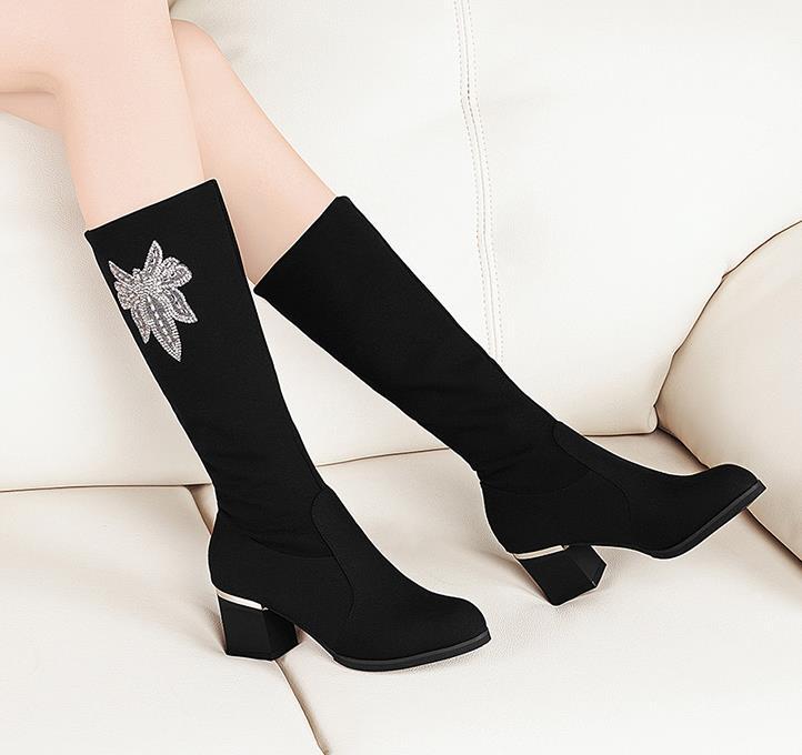 

2020 new autumn and winter with thick with wild mid-boots high-net red thin skinny boots women's boots, Black