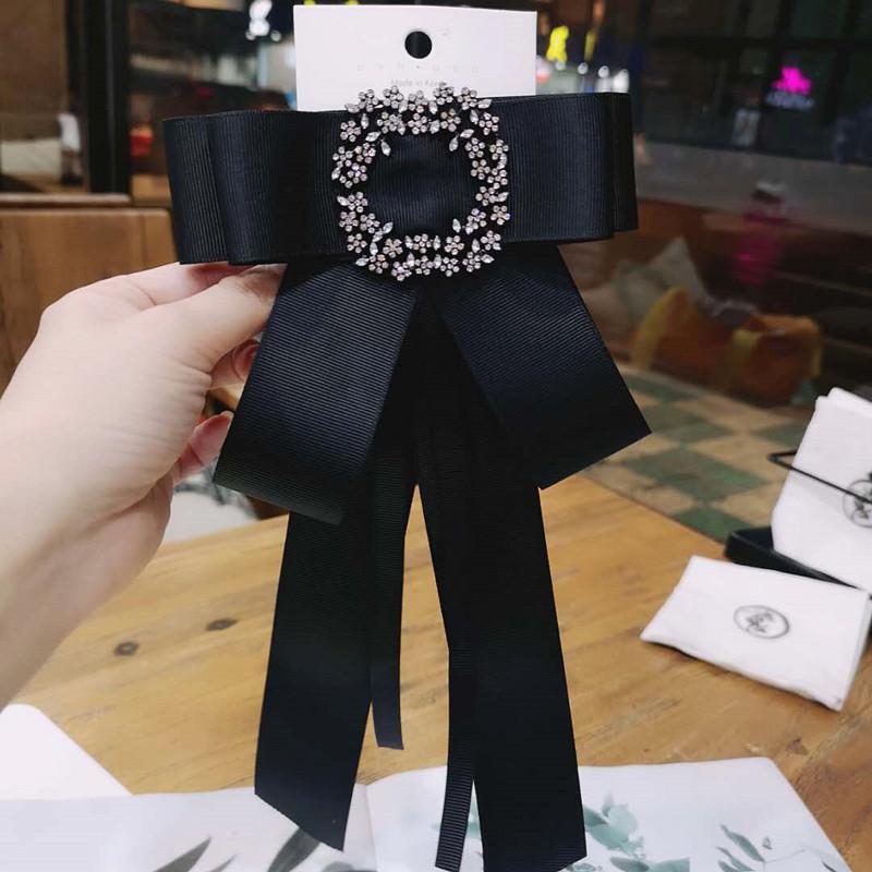 

Neck Ties Retro Black Ribbon Bow Tie Crystal Rhinestone Jewelry Brooches Shirt Professional Collar Pin Bowtie School Uniform Accessories