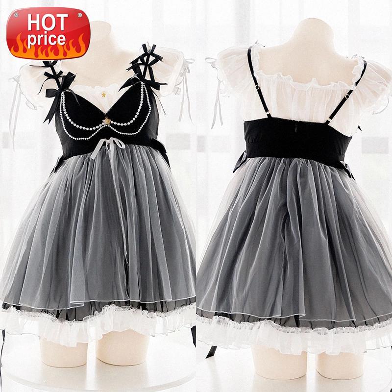 

Harajuku Sweet Cute Halloween Kawaii Lolita Gothic Dress Women Princess Korean Fashion Anime Cosplay Outfit Top Panties Dresses #hL4h, Black;white