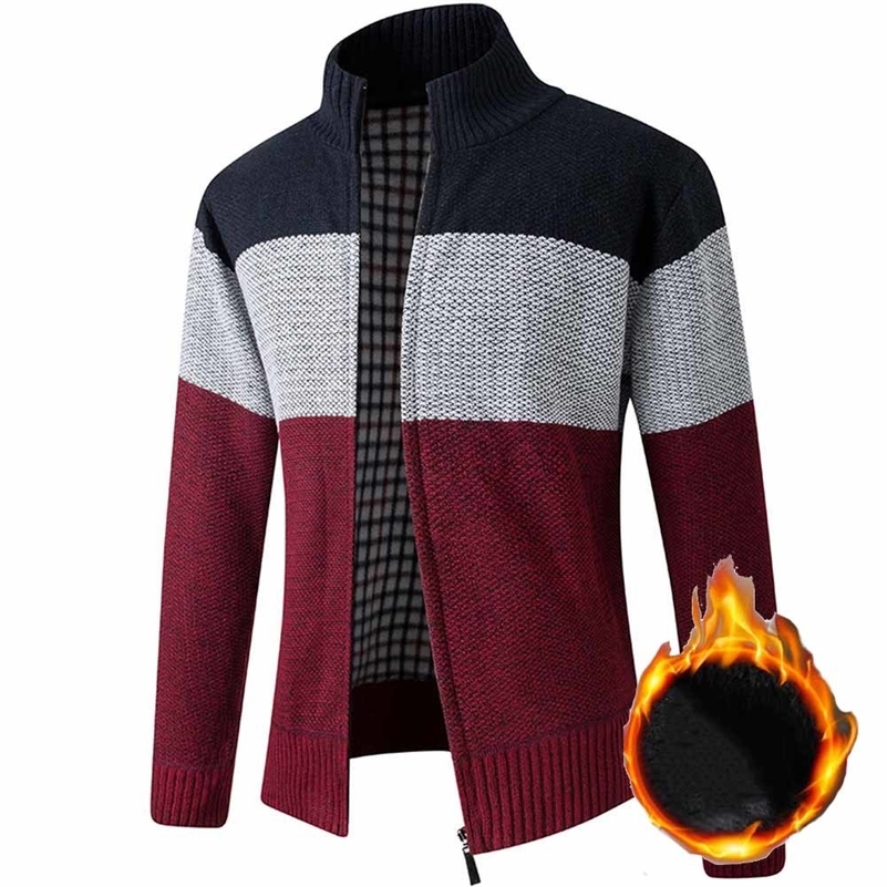 

FALIZA Stand Collar Sweater Coat Men's Patchwork Thick Fleece Comfy Wool Cardigan Knitted Jackets Casual Male Knitwear XY109 201105, Wine red