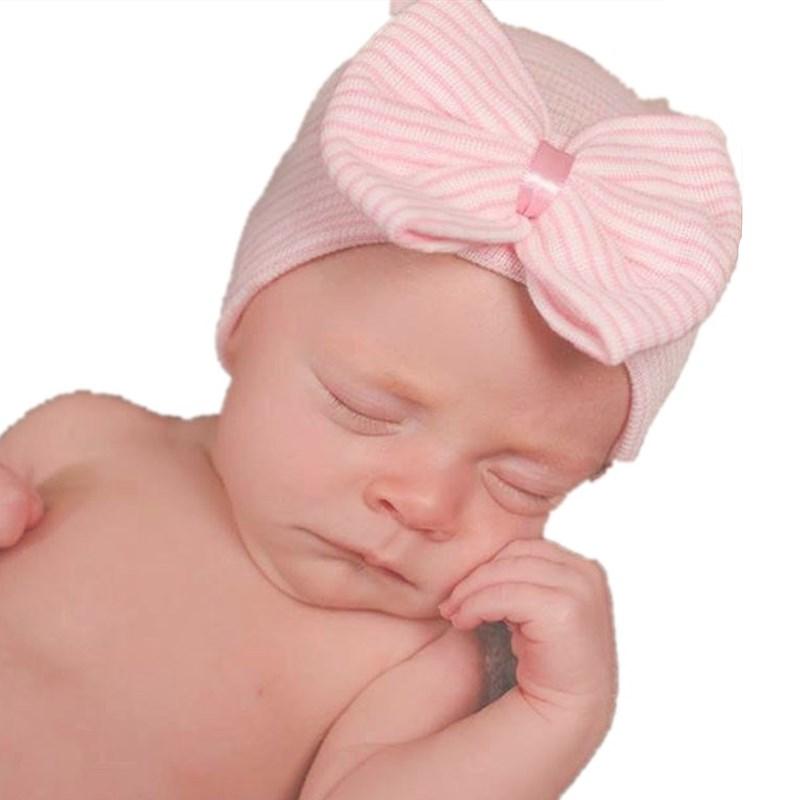 

Newborn Baby Hat Boys Girls Big Bow Hedging European American Kawaii Simple Soft Little Striped Knitted Cap 0-3 Months 5 Colors
