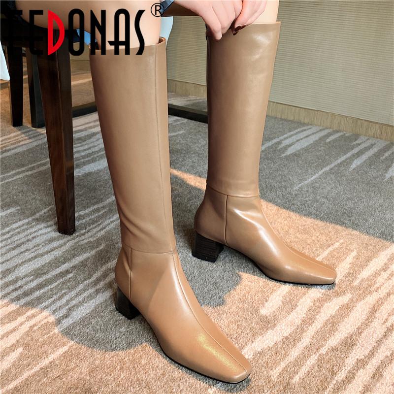 

FEDONAS 2020 Fall Women's Loafers Made Of Genuine Leather Thick Heels Shoes Woman Fashion Winter Newest Party Slim Long Shoes, Blackr