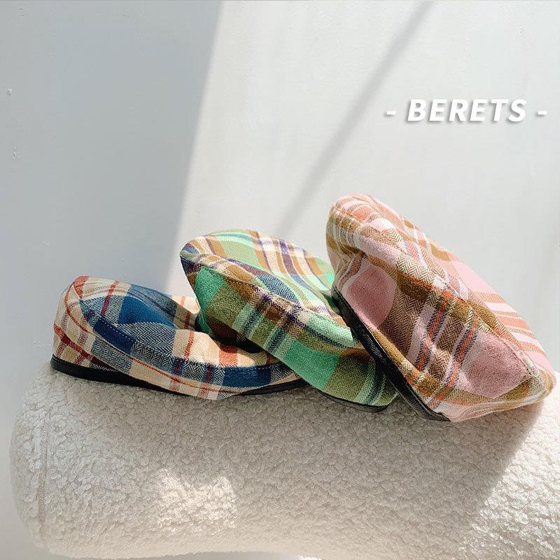 

French Style Colorful Lattice Bud Hat Woman Summer British Hat Four Seasons Cotton Cap Cotton Beret Vintage Painter, Green