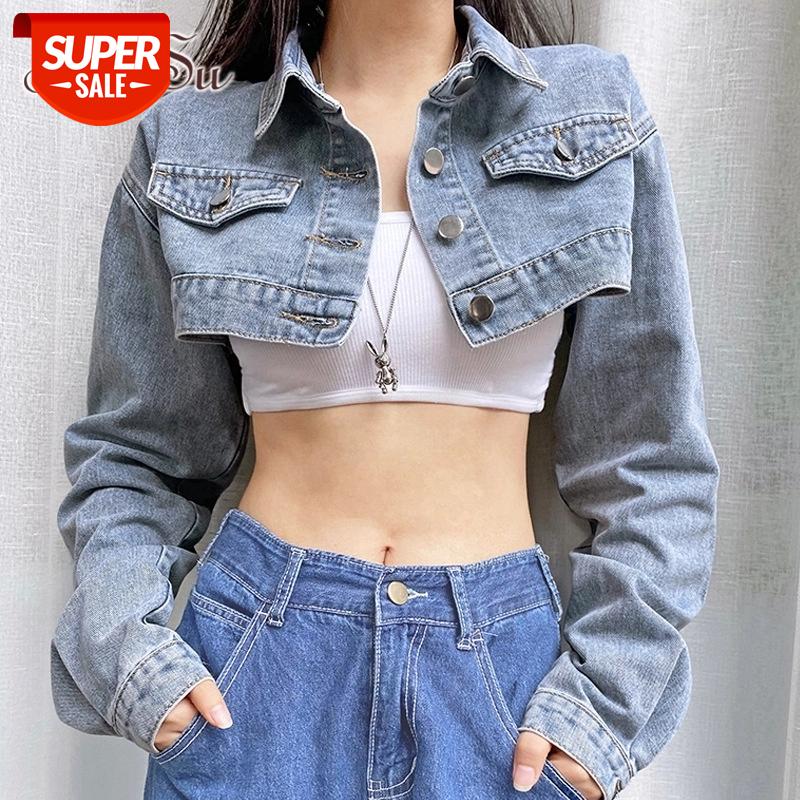 

ArtSu Casual Blue Jeans Cropped Top Jacket Women Autumn Harajuku Punk Long Sleeve Smocked Coat Ladies Denim Overcoat CO50059 #km0v, Black;brown