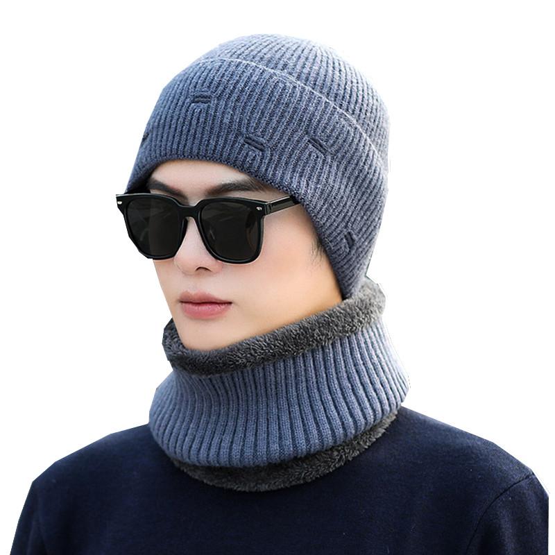 

2020 Winter Warm Men Hat Scarf Knitted Soft Plus velvet Thick Hat Collar Set Skullies Beanies Balaclava Mask Bonnet Hats