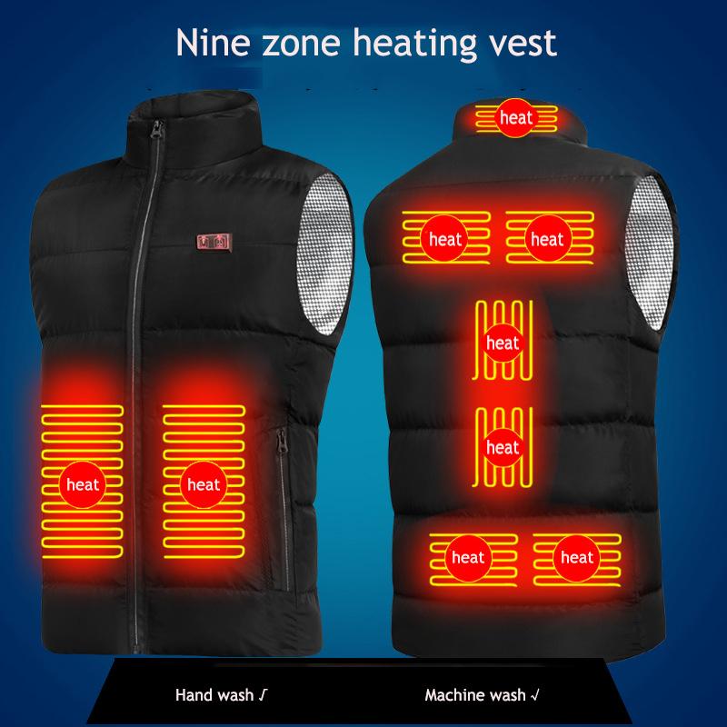 

9 Zones Men Electric Heated Vest 2 Colors Intelligent USB Women Charging Thermal Heating Vest Double Switch Waistcoat Warm Body, Black