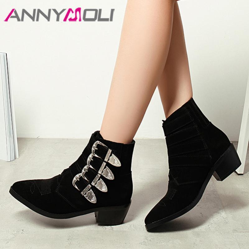 

ANNYMOLI Cow Suede Mid Heel Short Boots Ankle Boots Women Shoes Pointed Toe Block Heels Buckle Ladies Black Autumn Size 421