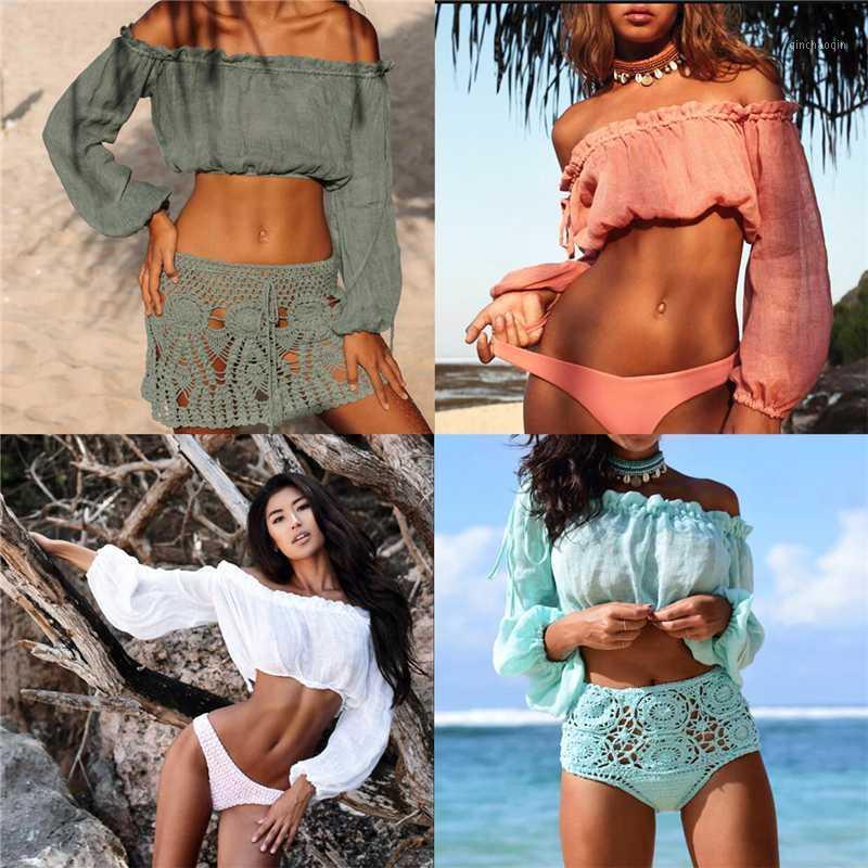 

Summer Women Off Shoulder Cover-Ups Beach Wear Long lantern sleeve Swimwear Bathing Suit blouse shirt Top ruffle bikini cover up1