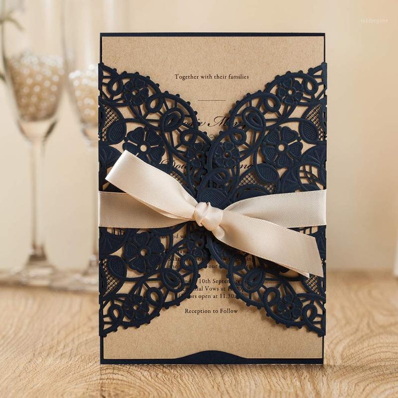 

WISHMADE White Navy Blue Laser Cut Invites Cards with Floral Wedding Invitations for Birthday Engagement Bridal Shower 50pcs/lot1