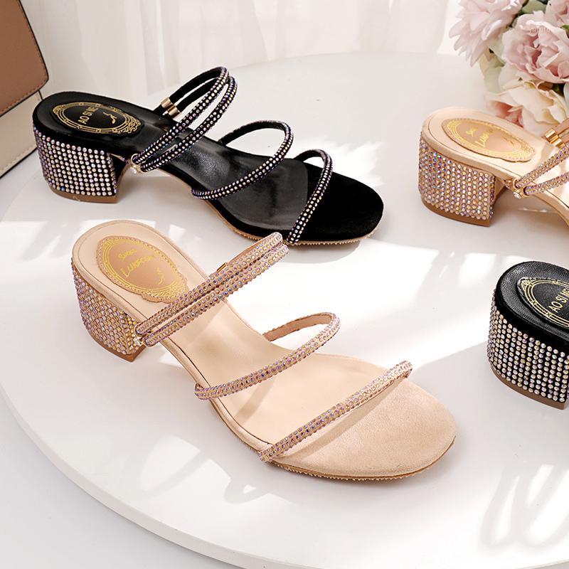 

Wed2020 Summer Decent Rhinestone Sandals for Women with Thick Middle Heel Roman Simple Open Toe Hot Diamond Shoes1, Black