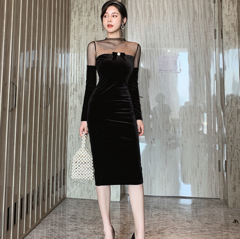 

2021 New Skinny polka dot fashion ladies in sexy long women' dress 81C7, Black