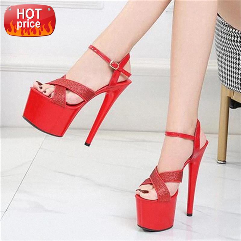 

New Sexy 17cm Ultra High Heels Sandals For Women Summer Platform Open Toe Shoes Woman Ankle Buckle Wedding Pumps Size -43 #388P, Beige