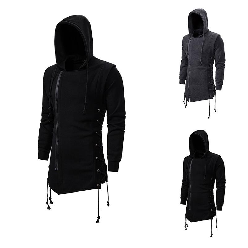 

Hooded Loose Coat Zipper Hoodie with Side Lashing Crossed Black Dark Grey Hoodies Men 2020