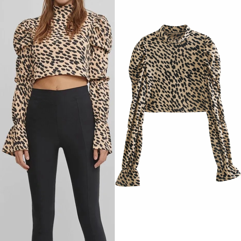 

2021 New Vintage Leopard Printed Crop Top Women High Neck Ruffle Puff Long Sleeve Blouse Ladies Streetwear Casual Tops L65w