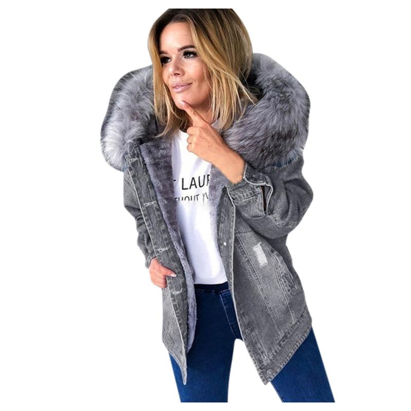 

Women' Add A Long - sleeved Denim Solid Color Coat With A Fur-trimmed Collar, Gy