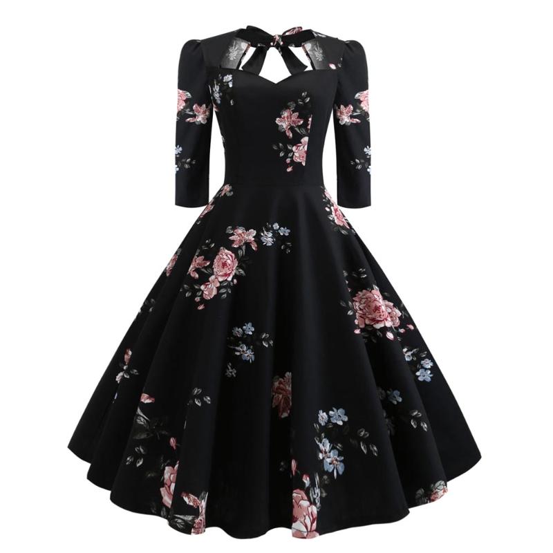 

ROSEGAL Plus Size Floral Print Back Tie Pin Up Dress 2020 Winter Elegant Party Dresses Fit Flare Vintage Christmas Dresses Women, Black