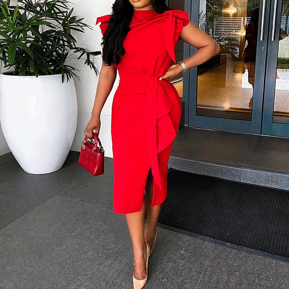 

2021 Dressed in Tanning Europe America's Spring Tight Fashion Sexy Solid Color Common Bowknot Short Sleeve Pencil Skirt C56k, Red.