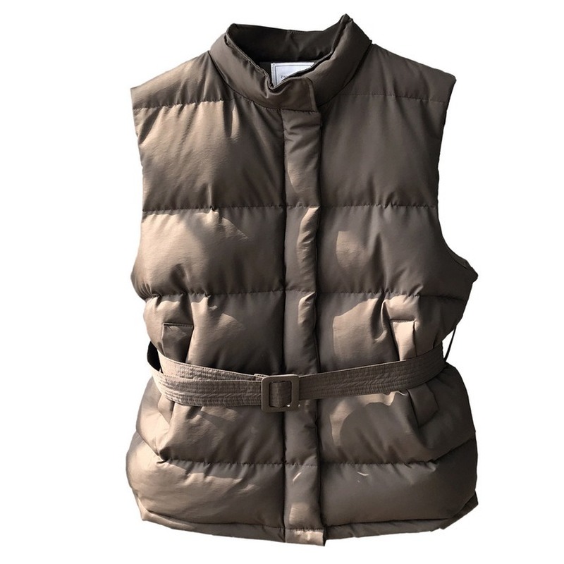 

Winter Keep Warm Sleeveless Vest Women Jacket Solid Harajuku Stand Collar Belt Puffer Outwear Loose Fashion Cotton Padded Vests, Black;brown