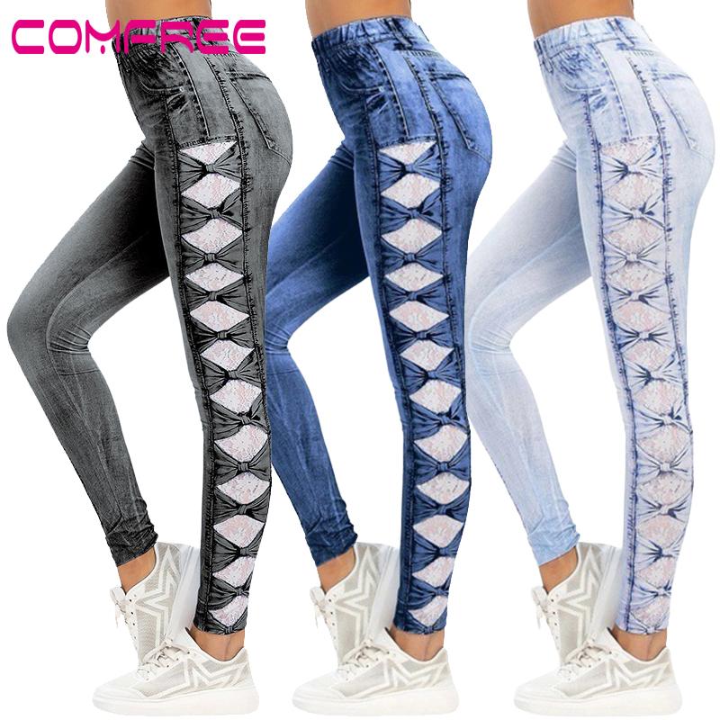 

Lace Printed Denim Jeans High Waist Bow Skinny Jeggings Women Slim Long Trousers Pencil Pants Casual Streetwear Booty Leggings, Blue