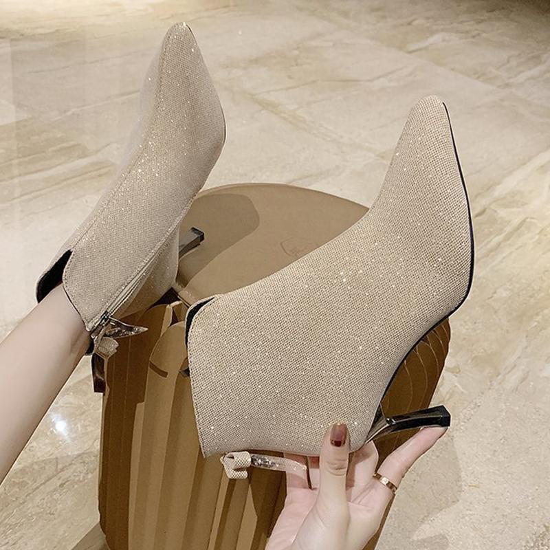 

Women Boots Special Fine Flash Comfortable Stretch Cloth Upper Pointed Toe Ankle Boots Sexy Stiletto 2020 Fashion Female, Beige white