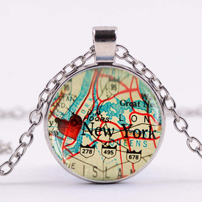 

New Arrival Diy Globe Necklace Vintage Earth World Map New York Wanderlust Pendant Glass Cabochon Handmade Chain Jewelry