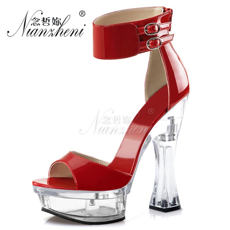 

Fashion Patent leather Spool heels Womens Sandals 6 inches Buckle strap Shallow 14cm Super High heeled shoes Sexy Fetish Coarse, Black