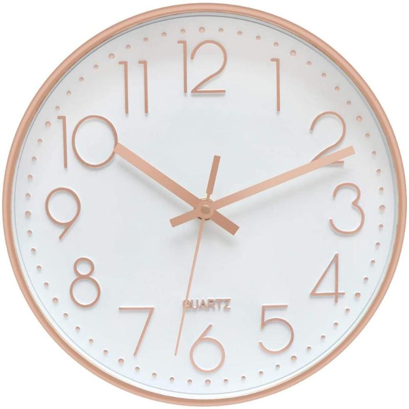 

Modern Silent Quartz Wall Clock Non-Ticking Decor Battery Operated Clock for Home Office Rose Gold Plastic Frame Glass Cover