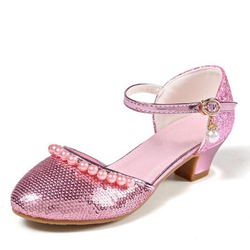 

New Children Shoes Girls Princess Fashion Sequin pearl Dance Shoes Student Breathable Baby Toddler Kids Leather 02A, Pink