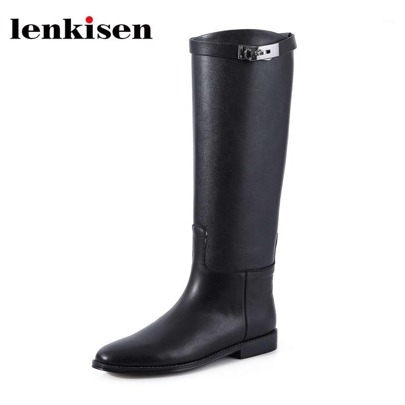 

Lenkisen genuine leather round toe low heel western boots beauty lady daily wear high street fashion solid knee-high boots L301, Black