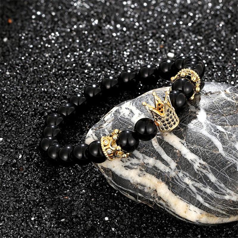 

Trendy Gifts Micro Pave Cubic Zirconia Hecagon Crown Charms Bracelets Women Men Couple Black Stone Bead Bracelet Fashion Jewelry