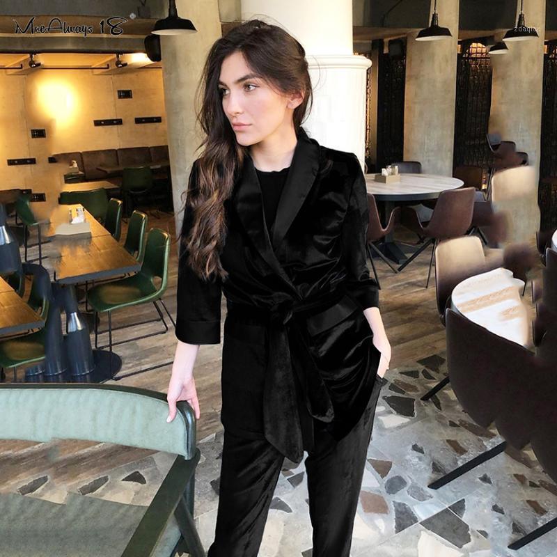 

Mnealways18 Black Knitted Velvet Robes Sets Women Sashes Three Quarter Sleeve Pajamas Female Winter Warm Home Bathrobe Pocket1
