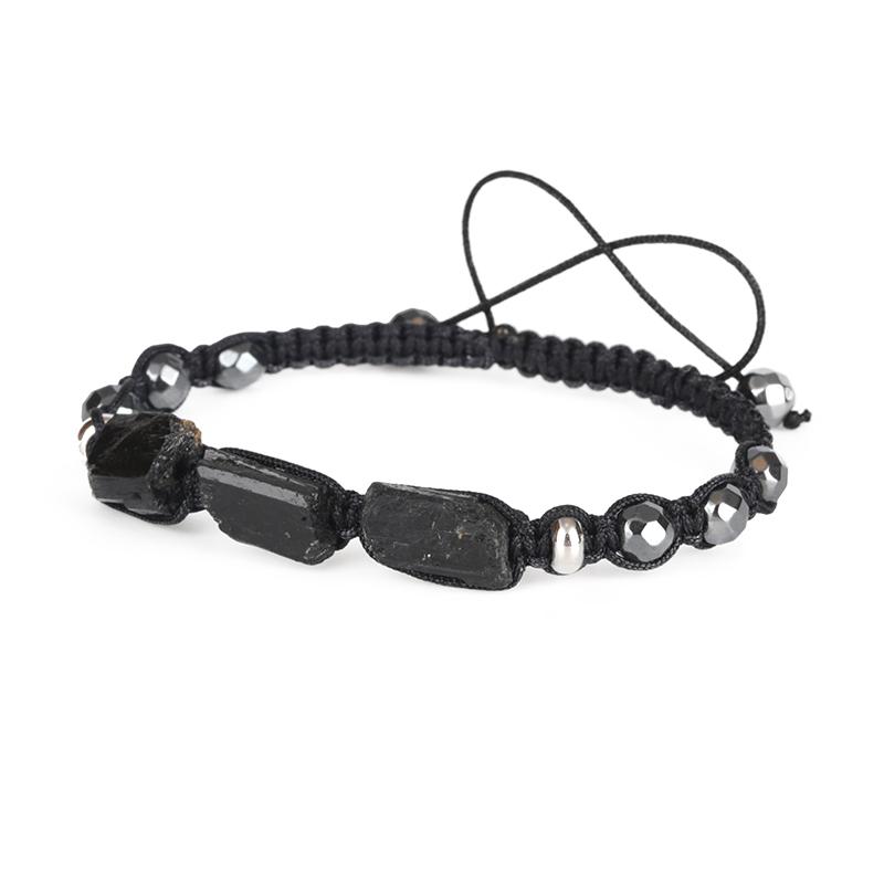 

Natural Rough Black Tourmaline Healing Stone Bead Faceted Hematite Nylon Rope Adjustable Macrame Energy Bracelet Unisex Gift