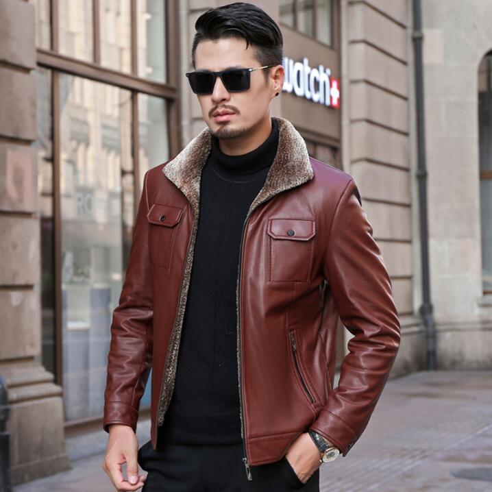 

2020 Winter New Men's Fashion Business Casual Outerwear Costume Men Natural PU Leather Jacket mens Long-sleeve Fur Coat jackets, Black