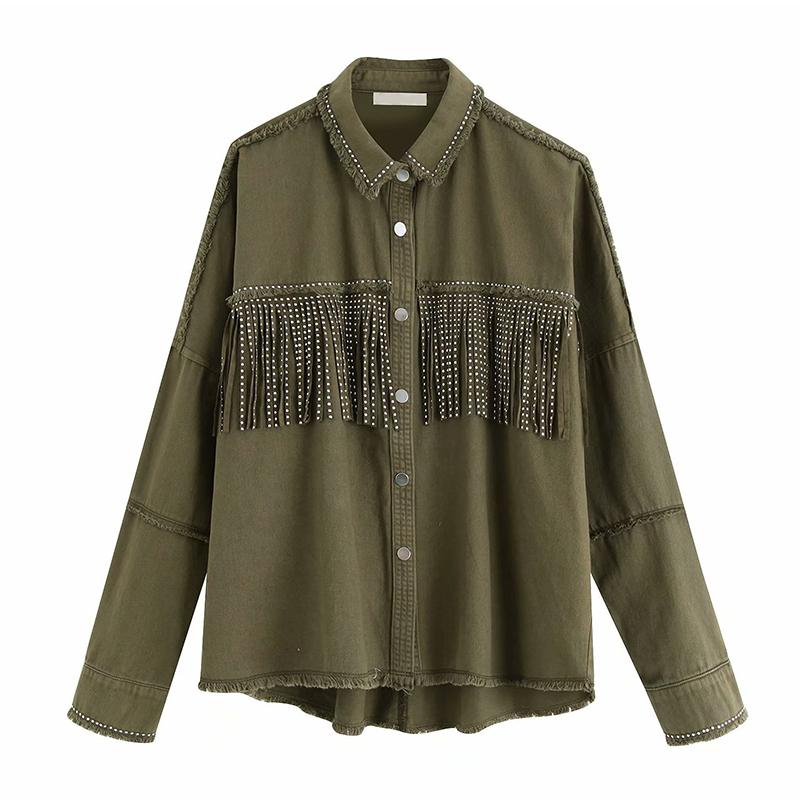 

Fashion Tassel Denim Jacket Coat Women Fringe Beaded Patchwork Loose Jacket Long Sleeve Streetwear Coat Female Outerwear Tops, Army green