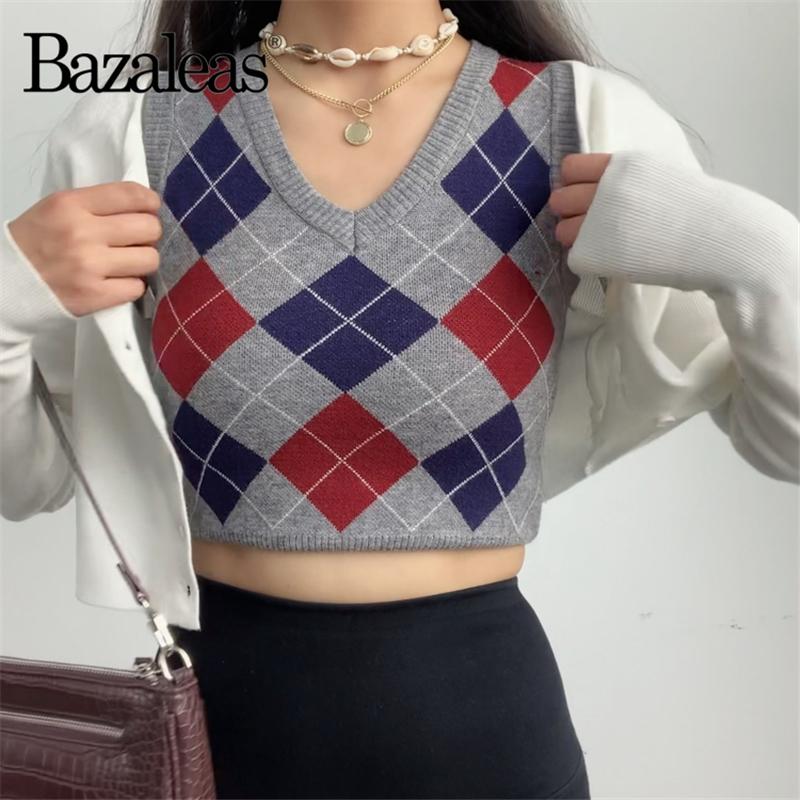 

Bazaleas Fashion Tartan Grey Navy Women Tank Sweater Autumn V Neck Plaid Pull Femme Vest Vintage Knitted Camis, 1632 tartan t127