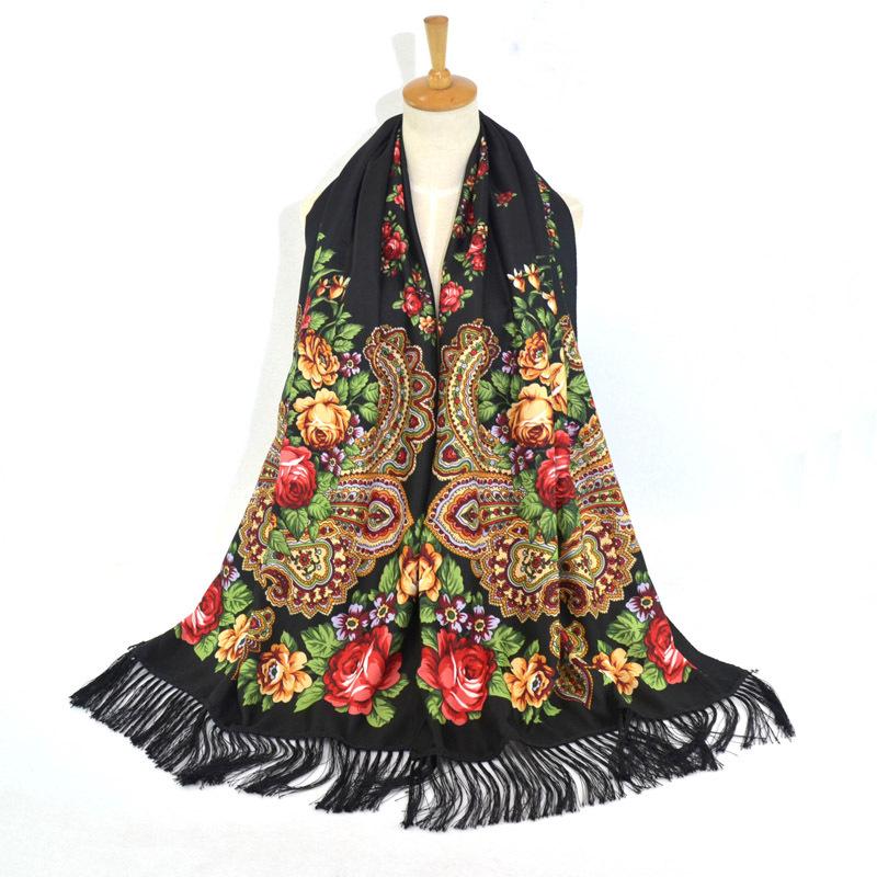 

Women Scarf Winter Shawl Female Russian Babushka Long Hijab Traditions Floral Dupatta Retro Ukrainian Polish Fringed Hair Scarf